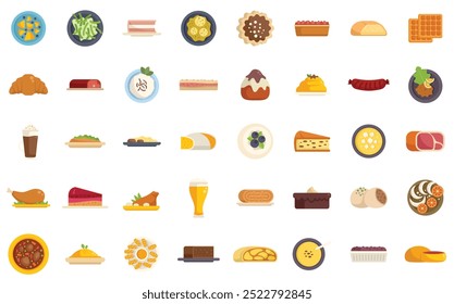 Grande conjunto de ícones de comida com vários pratos sendo servidos em pratos e tigelas para almoço e jantar