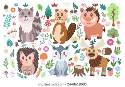 A large set with forest animals - wolf, beaver, wild boar, hedgehog, elk and raccoon. Children's illustration flat style