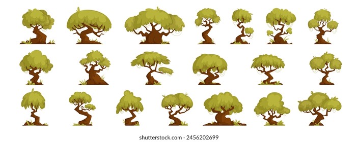 Large Set of forest trees of interesting and twisted shapes, bonsai and oaks, green forest tree of interesting shapes