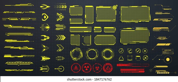 Large set of frames, circles and arrows in a futuristic style. Set of Sci Fi Modern User Interface Elements. Callouts titles and screen futuristic frame in HUD style. Vector illustration HUD, GUI, UI