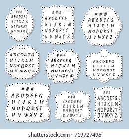A large set of frames of different shapes with the alphabet. Vector illustration.
