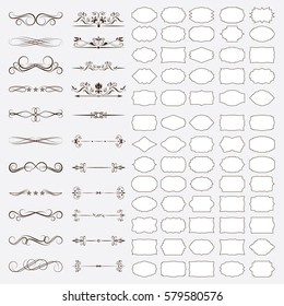 A large set of frames and dividers. Decorative elements isolated on grey background. Vector illustrations.
