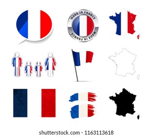 Large set of France infographics elements with flags, maps and badges isolated on white