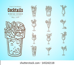 A large set of fresh cocktails. Easily editable vector. Various drinks on the background. Isolated objects. For menu. Hand drawing. Vintage label.