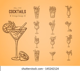 A large set of fresh cocktails. Easily editable vector. Various drinks on the background. Isolated objects. For menu. Hand drawing. Vintage label.