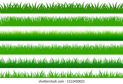 Large set of fresh green spring grass cartoon borders in lengths and densities for use as design elements isolated on white background. Vector illustrations