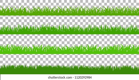 Large set of fresh green spring grass cartoon borders in lengths and densities for use as design elements isolated on transparent background. Vector illustration