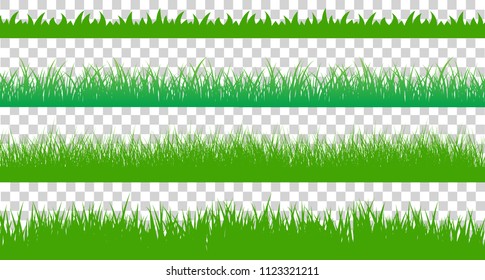 Large set of fresh green spring grass cartoon borders in lengths and densities for use as design elements isolated on transparent background. Vector illustration