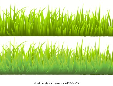 Large set of fresh green spring grass borders in lengths and densities for use as design elements isolated on white background. Vector illustrations