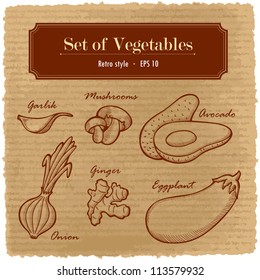 A large set of fresh vegetables. Easily editable vector. Various vegetables on the grange retro background. Isolated vector.  For menu. Hand drawing, retro. Healthy food. Label.