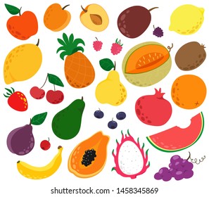 A large set of fruit in a cartoon style. Lovely and conceptual fruit. Vector isolates on a white background.