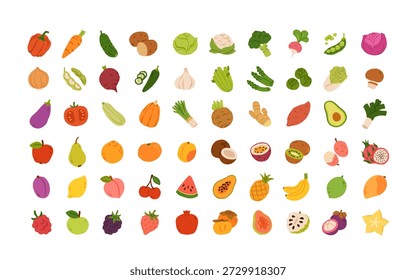 Große Auswahl an Obst und Gemüse. Alle Arten von grünem Gemüse und Obst zum Kochen von Mahlzeiten. Gemüse und Früchte in einem saftigen Cartoon-Stil. Ein helles Element für Design.