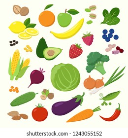 Large set of fruits, vegetables and berries in flat design isolated on white background. Vegetarian food Infographic elements.