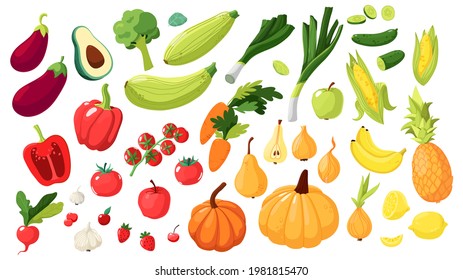 A large set of fruits vegetables and berries. Healthy eating rainbow. Vector illustration isolated on white background. Vegan food.