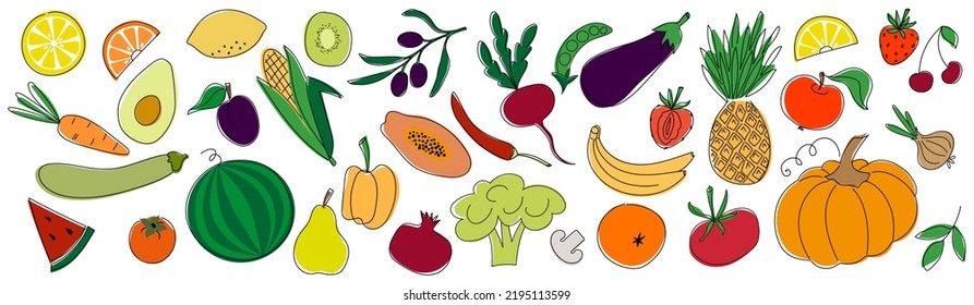 A large set of fruits and vegetables in the style of a doodle. Hand-drawn collection, elements for vector design, isolated on a white background. Suitable for menu design, labels, brochures.