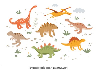 Large set of funny dinosaurs of various species isolated on a white background. Pteranodon, stegosaurus, diplodocus, tyrannosaurus, spinosaurus. Cartoon collection of prehistoric Jurassic animals.