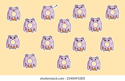  A large set of funny donut stickers in the kawaii style with ears and a cute face. Various emotions of the characters. Vector isolated illustration.