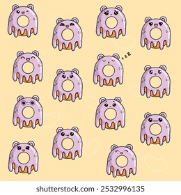 Ein großes Set lustiger Donuts im Kawaii-Stil mit Ohren und einem süßen Gesicht. Verschiedene Charakteremotionen. Vektorgrafik.
