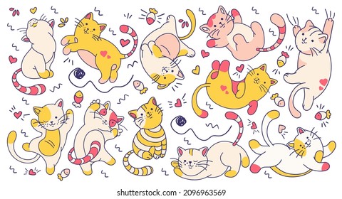 Large set of funny doodle cats. Set of stickers, isolated elements. Wide feline background with variety of kittens. 