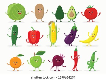 Large set of funny fruits and vegetables cartoon characters smiling with hands and legs isolated on white background. Cheerful food mascots in flat design.