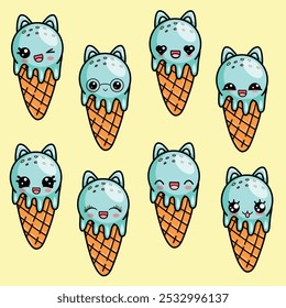 A large set of funny ice creams in kawaii style with ears and a cute face. Various character emotions. Vector illustration.