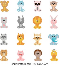 A large set of funny stuffed animals in a cartoon style. Different animals isolated on a white background. Emotional animals.
