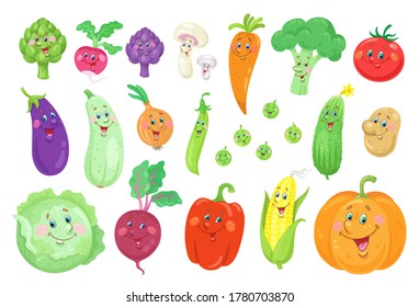 A large set of funny vegetables. In a cartoon style. Isolated on white background. Vector flat illustration.