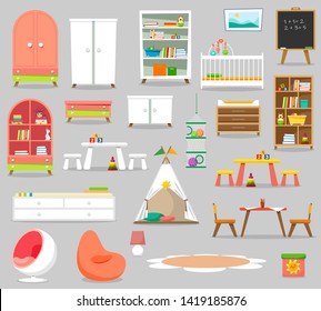 A large set of furniture and accessories for the children's room. Vector flat style illustration.