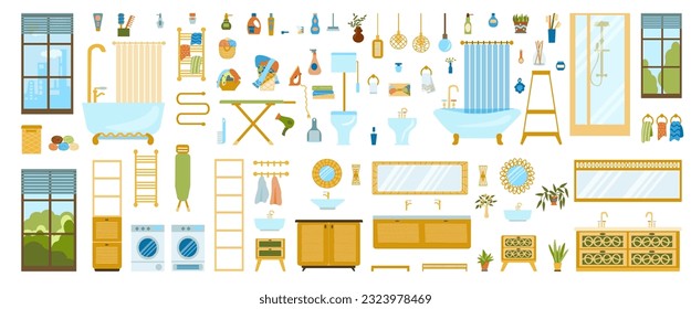 large set of furniture and household appliances for the bathroom, toilet and laundry in an ecological boho and art style. Vector illustrations of furniture for a cozy home in a flat hand-drawn style