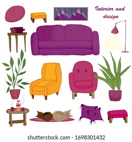 A large set of furniture and household items, a sofa, armchairs, flowers, tables, books, pillows, a picture and a rug.