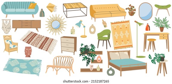 Große Möbelsymbole im skandinavischen Stil. Boho Stil. Sofa, Kleiderschrank, Spiegel, Bank, Teppichboden, Makrame, Lampe, Vase, Sessel, Bett, Bank, etc. Flaches Design, Cartoon-Illustration.