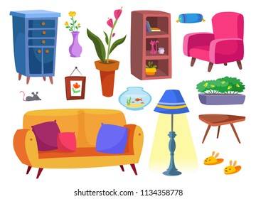 A large set of furniture and interior items. Living room. Vector illustration. On a white background.