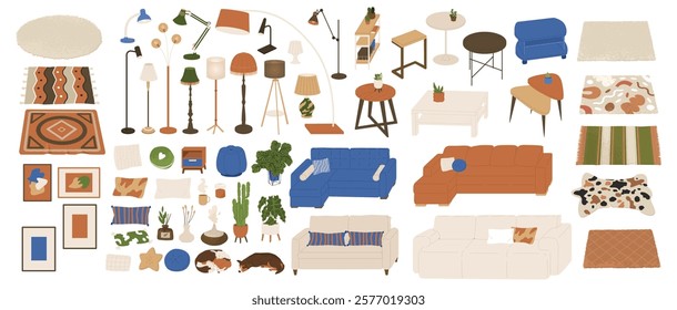 Large set of furniture items for living room interior. Different cozy home elements. Plants, animals, lamps, pillows and furniture. Vector graphic design template.