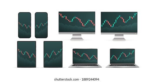 Un gran conjunto de gadgets con la presentación de cotizaciones del mercado de valores. Candlestick en un fondo blanco. Operaciones de inversión en el mercado de valores. Teléfono, tablet, laptop y monitor. Ilustración vectorial.
