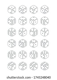 Large set of game cubes isolated on white background, all possible dice turns in isometric view