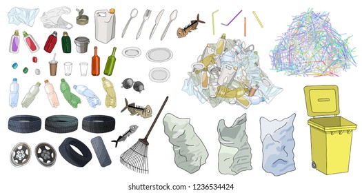 Large set of garbage on white background. Hand drawn vector illustration. 