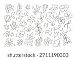 Large set of garden plants in primitive line art style. Includes apple tree, daisies, lilies, geranium. Minimalist one-line drawing collection for tattoo or print.
