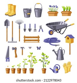 A large set of garden tools. Farm tools. Stages of plant growth in a pot. Vector graphics on an isolated white background.