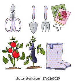a large set of garden tools, rubber boots, gloves, a watering can, various vegetables. illustration isolated on white background