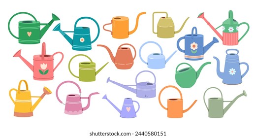 Large set of garden watering cans for watering indoor plants on balcony, terrace, farm of various shapes, sizes, designs, colors. Vector illustration on white isolated background in cartoon style.