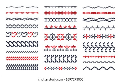 Large set of geometric line border patterns. Seamless vector illustration in the form of pixels. Ornament for embroidery and textile elements of interior design. Set of horizontal isolated borders.