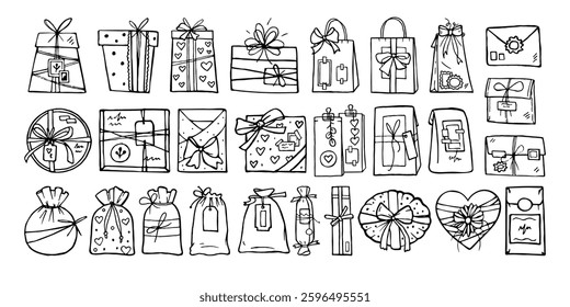 A large set of gifts in doodle style. Black and white envelopes, boxes, packages and kraft bags, decorated with ribbons and bows. Hand drawn elements for decoration
