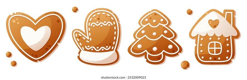 A large set of gingerbread cookies of different shapes. Gingerbread house, Christmas tree, mitten, heart. Christmas gingerbread, New Year cookies decorated with white icing.