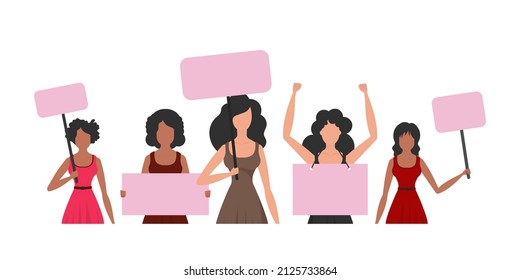 A large set of girls who came out to protest. The rebellious girl is shown to the waist. Isolated. Vector illustration.