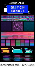 Large set of Glitch Art elements: Computer screen error, pixalization, digital noise, lo-fi artefact, TV signal fail, data decay, code error. Collection of abstract vector elements for design.