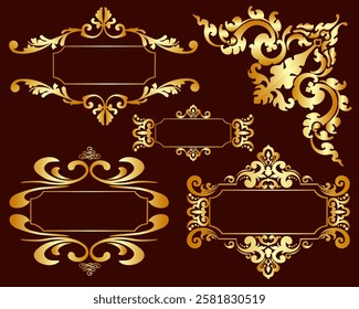 Large set of gold frames in vintage style on a dark brown background, inside the frame, space for text Vector