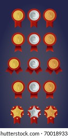 A large set of gold medals with a red ribbon on a purple background. The trophy, the winner's reward. Gold badge. Achievement, the concept of victory. Vector illustration.