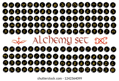 Large set of  golden alchemical symbols carved on stone isolated on white. Hand drawn elements for design. Mystical, esoteric, occult theme.