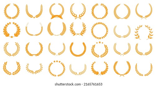 A large set of golden laurel wreaths of the winner (28 pieces). Award logo design. First place symbol. Celebration of decorative traditional stained glass greetings. Laurel wreath award.