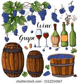 Large set of grapes of things: leaves, grapes, lettering, a wooden barrel, a wooden basket, corks, grains, bottles and wine glasses.Vector illustration.